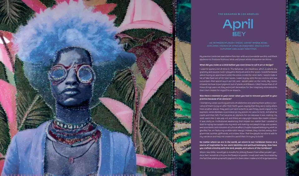 a book spread about April Bey with a fabric portrait of a woman in blue