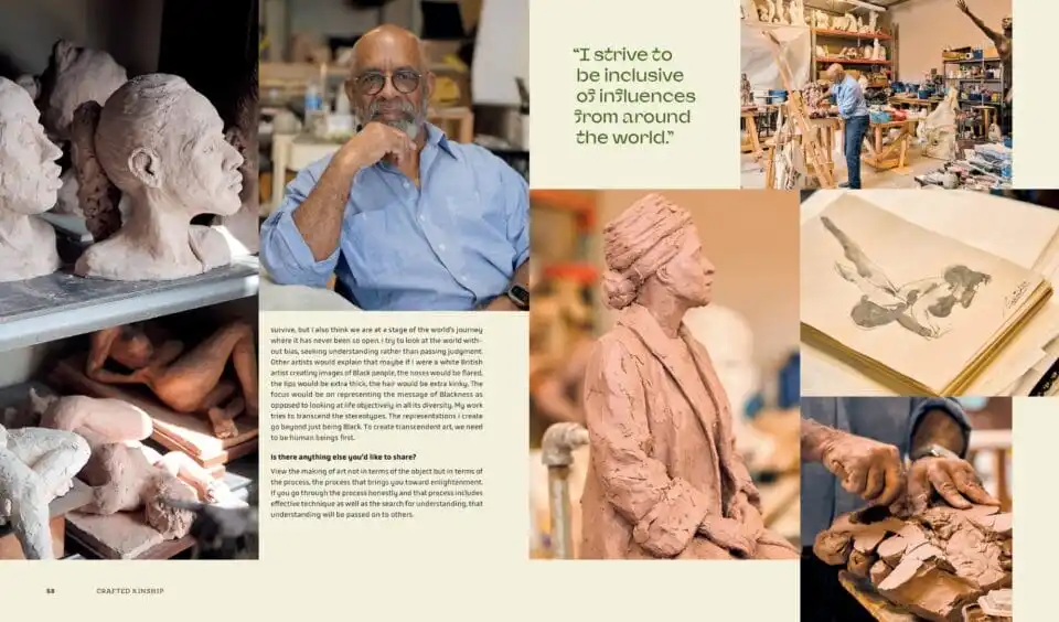 a book spread featuring a black man in his studio and various ceramic figures