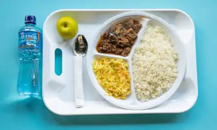 A white plastic tray with a divided dish of rice, beef and cabbage, with an apple and a bottle of water