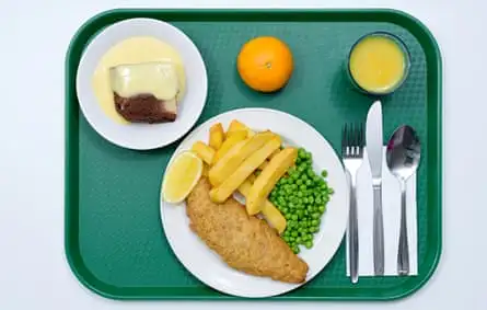 A green plastic tray with a plate of fish, chips and peas with a wedge of lemon, metal cutlery and a paper napkin, a glass of orange juice, a small orange a bowl of sponge pudding and custard