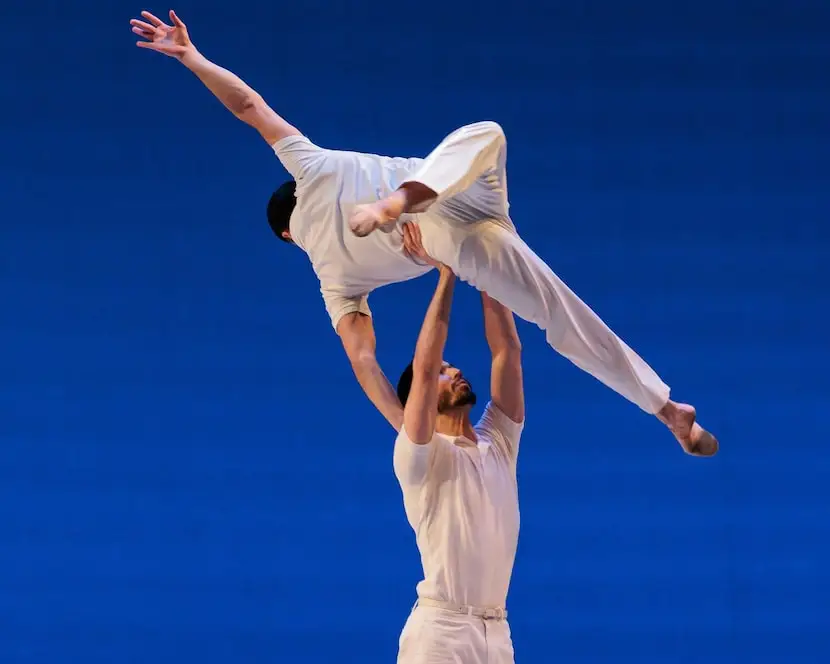 Bruce Wood Dance Dallas company members Cole Vernon, aloft, and Seth York in the male duet...