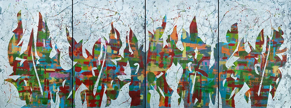 Korosh Ghazimorad, Branches of Being, 2024. 4 pieces, mixed media on canvas, 400x 150 cm. Courtesy of the artist.[