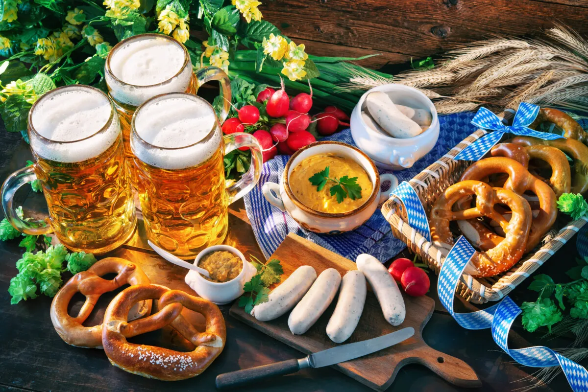 A spread of Oktoberfest foods and beer