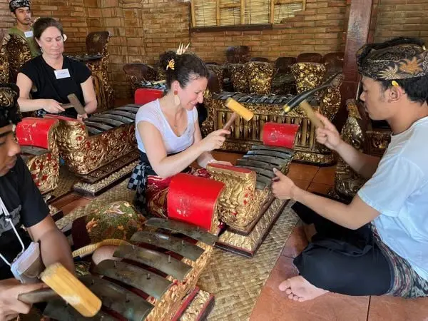 Clare Longendyke, one of the 2022-2023 Creative Renewal Arts Fellowship recipient, learning traditional Balinese music in Bali. (Photo provided/Indy Arts Council)