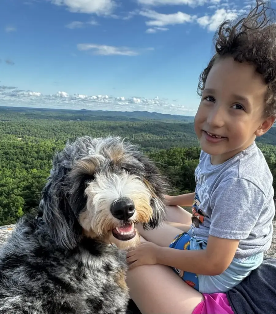 6-year-old Crew and his pet dog smile at the camera on top of a mountain top