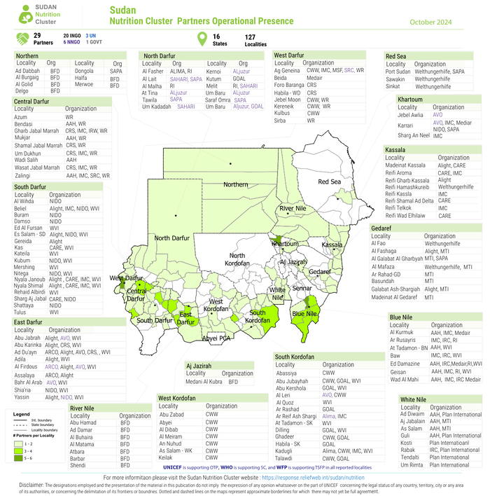 Sudan Nutrition Cluster Partners Operational Presence – October 2024