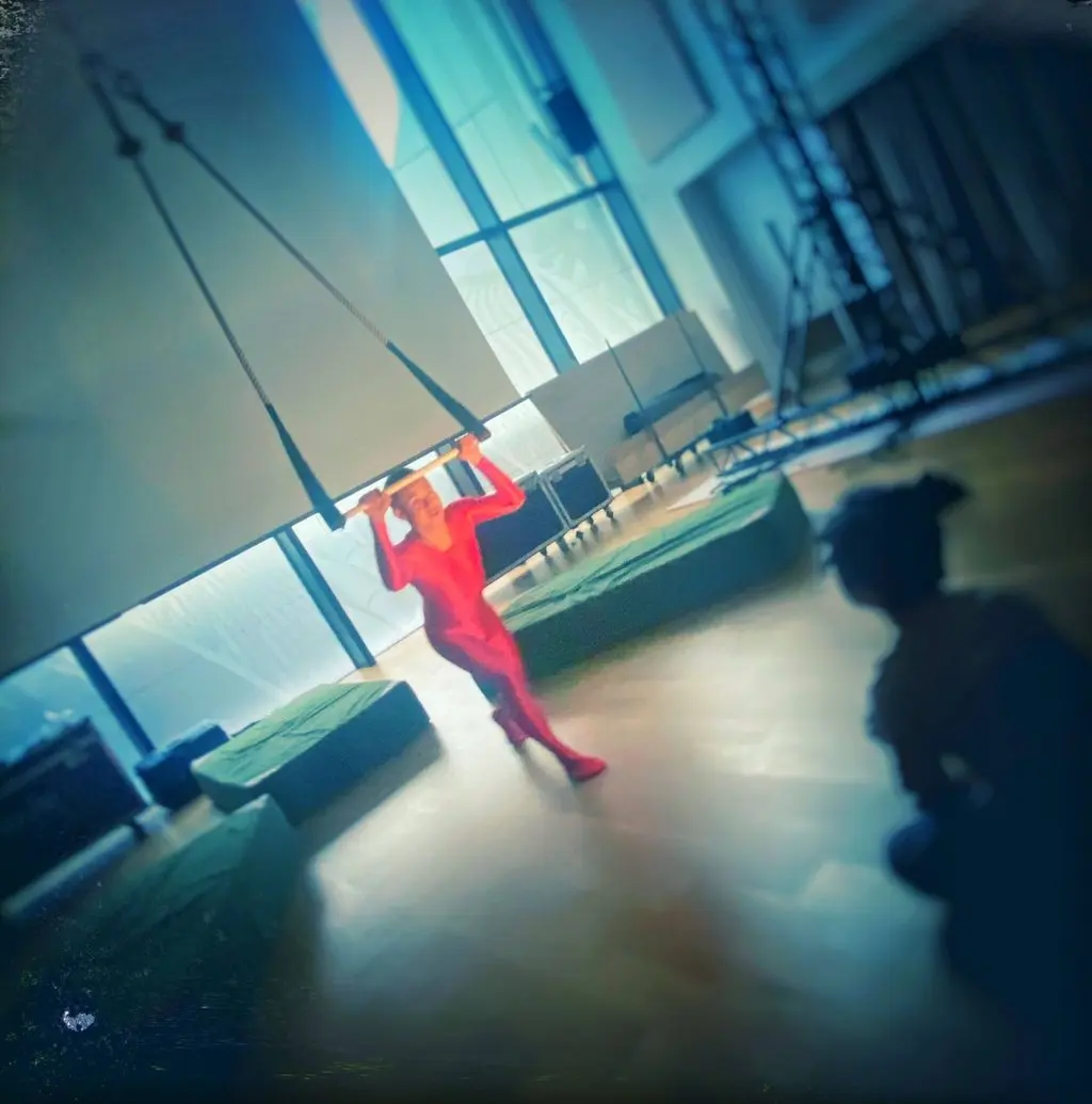 Yeung in an orange one-piece leotard during the rehearsal for his Freespace Dance-exhibitionist, premiering on November 21, 2024 at the Freespace Dance 2024 festival. Photo: Hoi Chiu