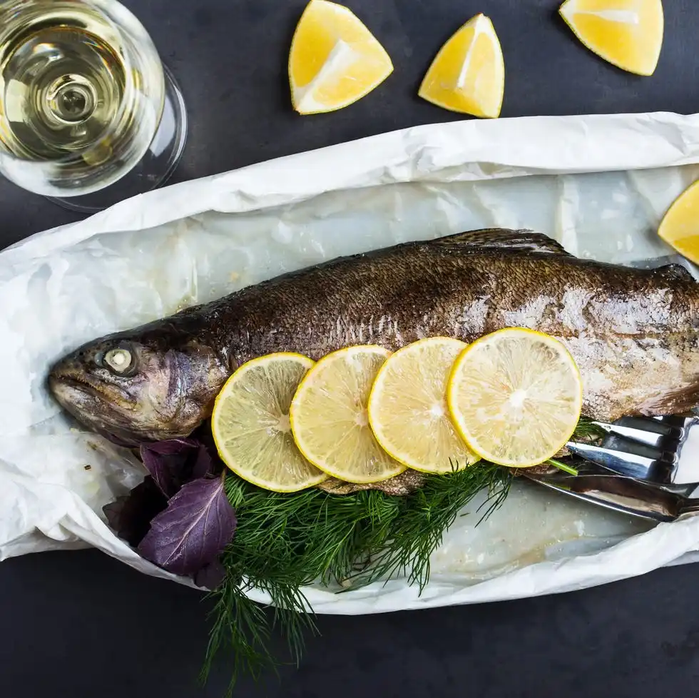 parchment baked rainbow trout, top view