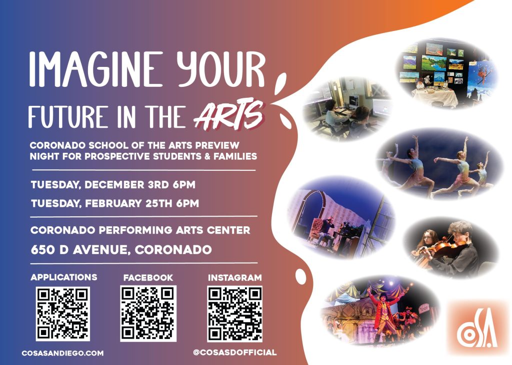 Coronado School of the Arts (CoSA) Welcomes Prospective New Students and Families at CoSA Preview Night, Tuesday, December 3