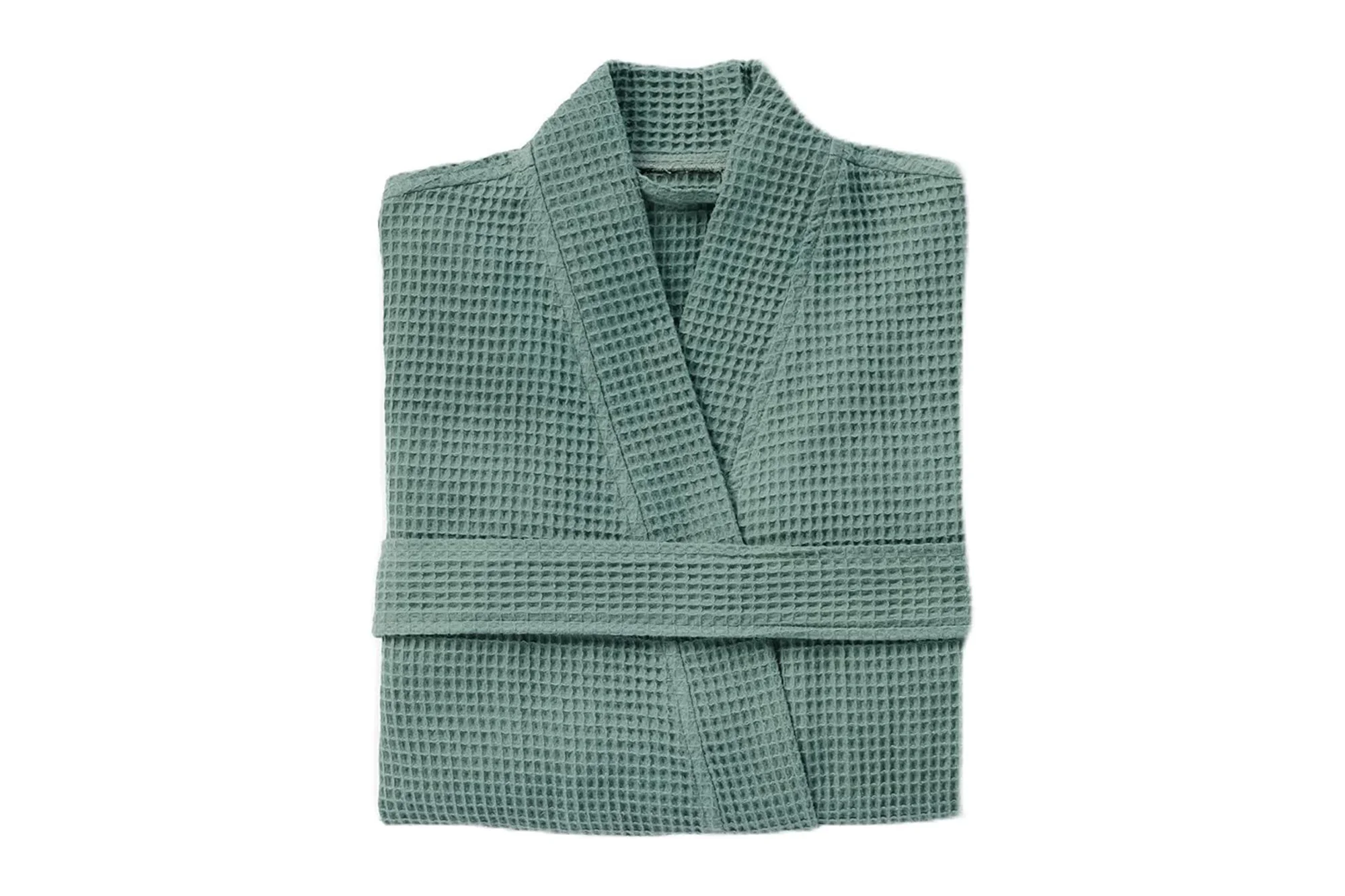 A green waffle-knit robe