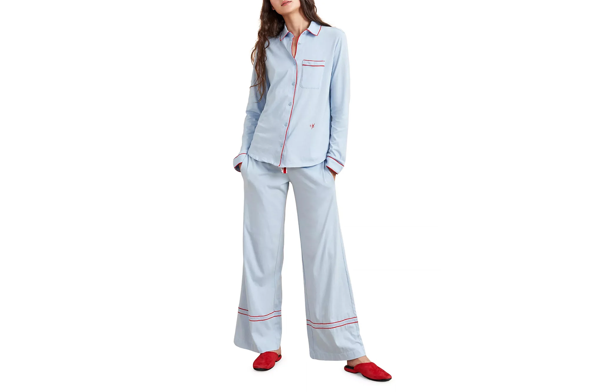 A model in pale blue pajamas