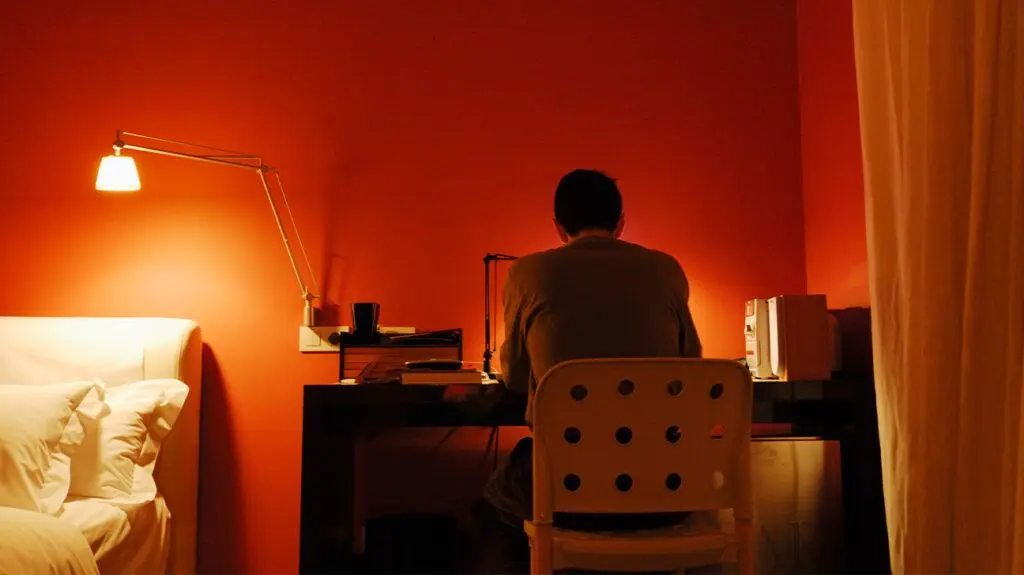 A person sitting at their desk with their back turned against the camera