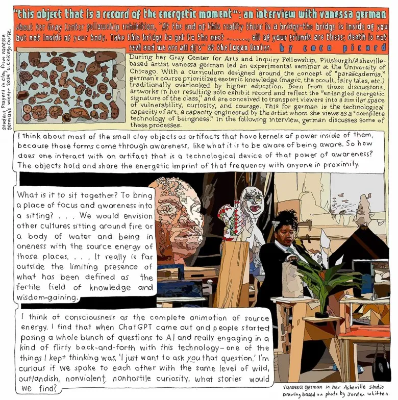 Comic has several blocks of handwritten texts. In the upper left corner is a closeup of small brown sculptural pieces, showing various shaped artifacts. In the bottom right is an illustration of Vanessa German seated in a studio, surrounded by a plants, figurative sculptures and stands and tables of various sizes.