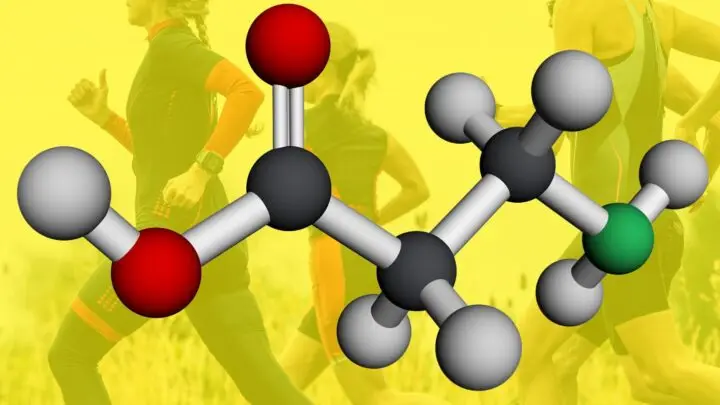 Structure of beta-alanine shown with athletes running in the background.