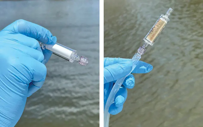 Two side-by-side images of a sample container. On the left, it's empty, and on the right, it's full and has a pipe attached