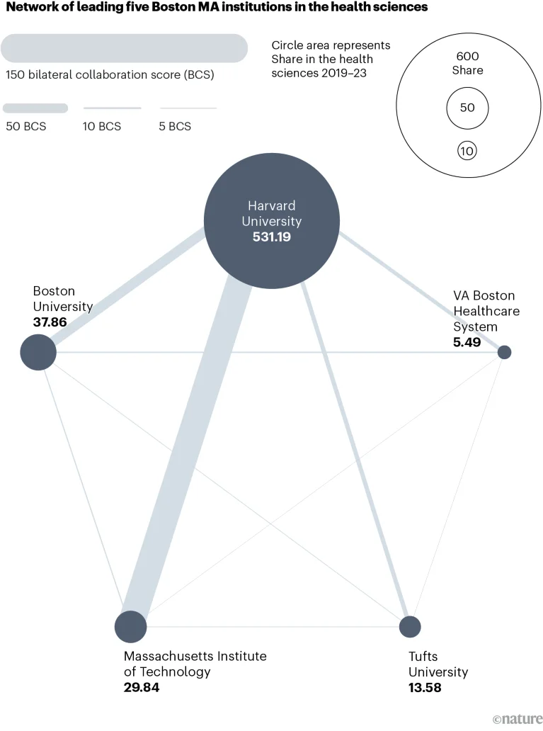 Network chart showing collaboration in the health sciences between the leading five institutions in the Boston area for Nature Index research