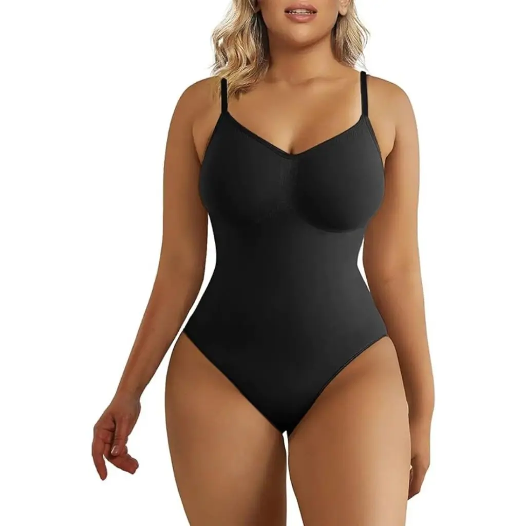 model wearing black shapewear bodysuit