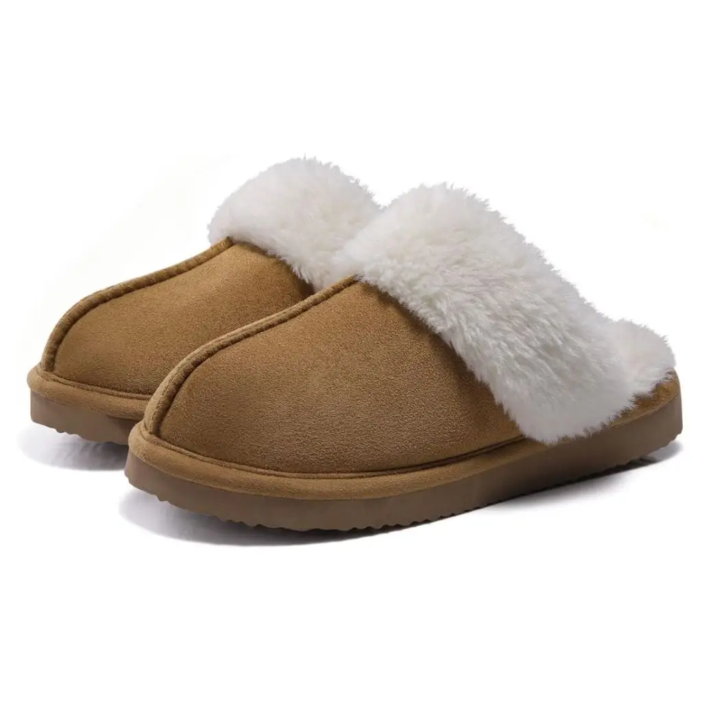 brown slippers with white faux fur interior