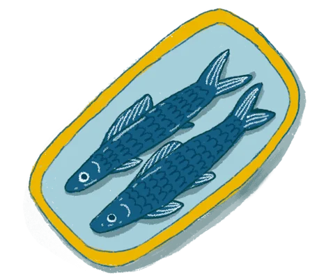 An illustration of two fish in a blue plate with a yellow border