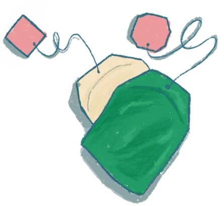 An illustration showing tea bags – one green and one white