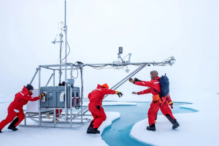 Scientists place a portable climate observatory, across an open-water lead in the Arctic in December 2020. Image by Lianna Nixon-Alfred-Wegener Institut via Wikimedia Commons (CC BY 4.0).