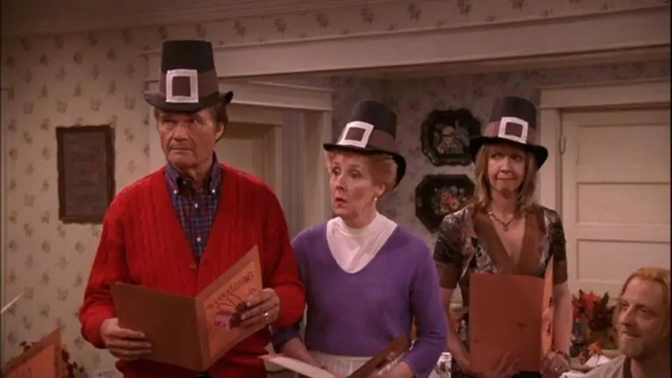 Chris Elliott, Georgia Engel, Fred Willard, and Monica Horan in Everybody Loves Raymond (1996).