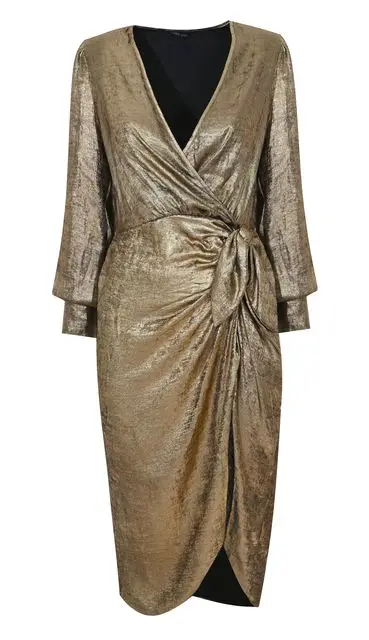 Gold Foil Long Sleeve Wrap Midi Dress, £40.99, New Look