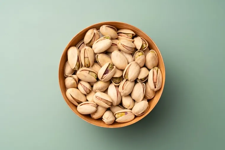 Pistachios in Wooden Bowl on Green Background