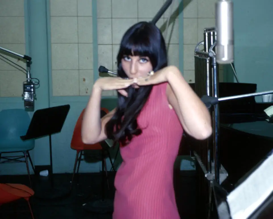 Cher recording at Gold Star Recording Studios in L.A. in 1966.