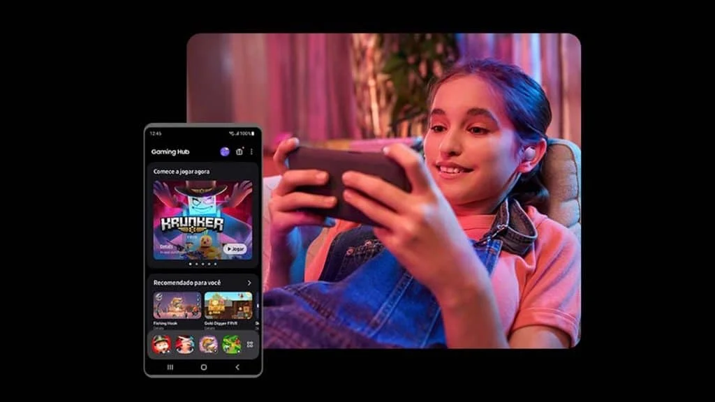 Montagem sobre Gaming Hub da Samsung para Galaxy