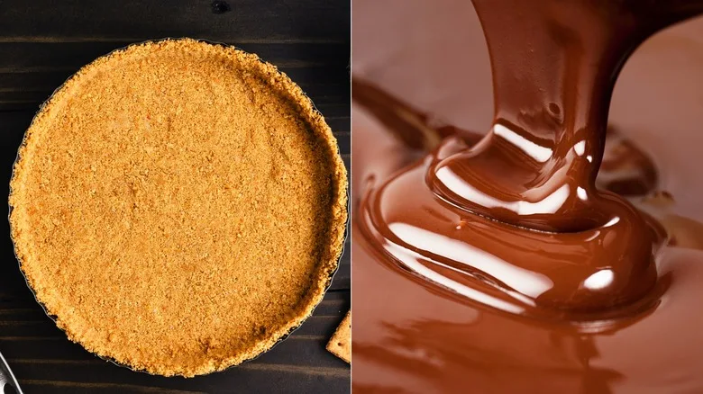 Split image of a graham cracker pie crust and melted chocolate