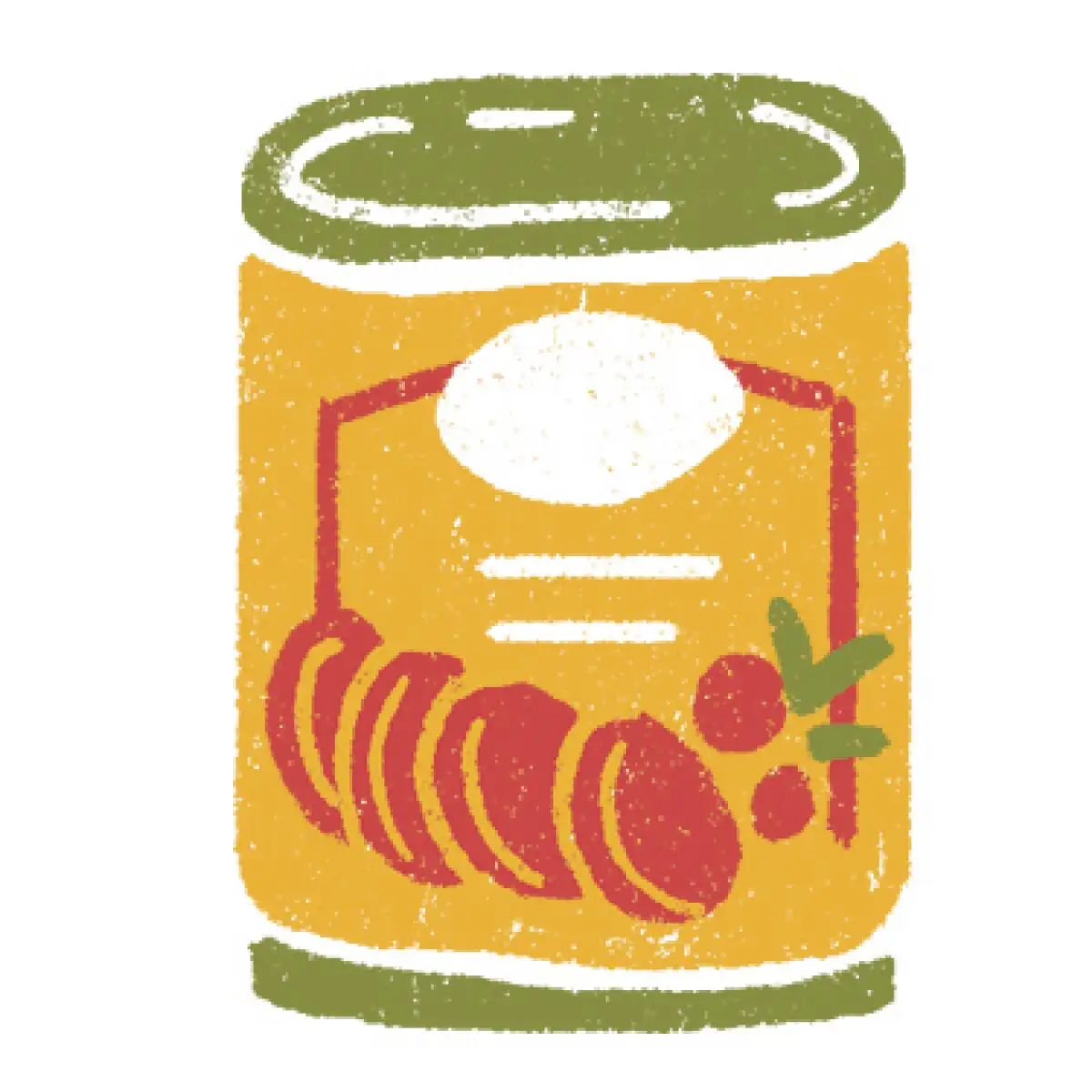 An illustration of a can of cranberry sauce, with an orange label with red berries on it