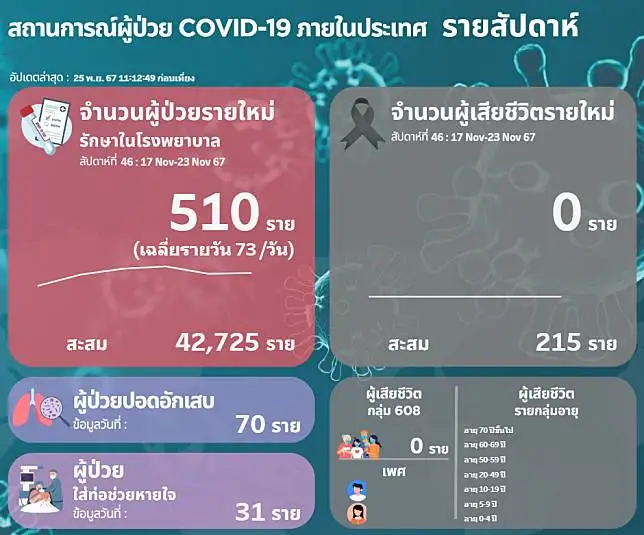 โควิดวันนี้ (25 พ.ย. 67) พบป่วยใหม่เข้ารักษาตัวใน รพ.เพิ่ม 510 คน 