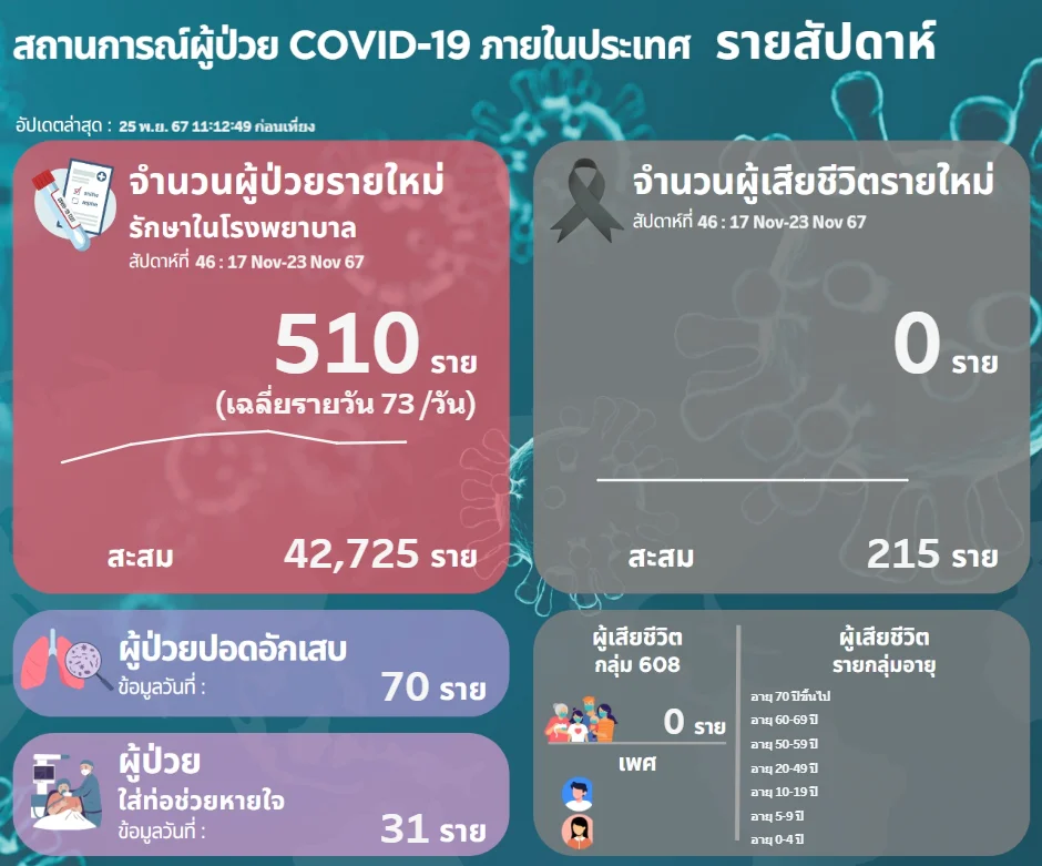 โควิดวันนี้ (25 พ.ย. 67) พบป่วยใหม่เข้ารักษาตัวใน รพ.เพิ่ม 510 คน 