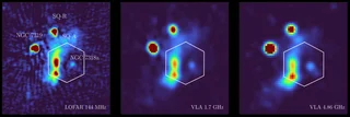 Three purple boxes containing glowing orbs against a black background with a white hexagon indicating the site of colliding galaxies