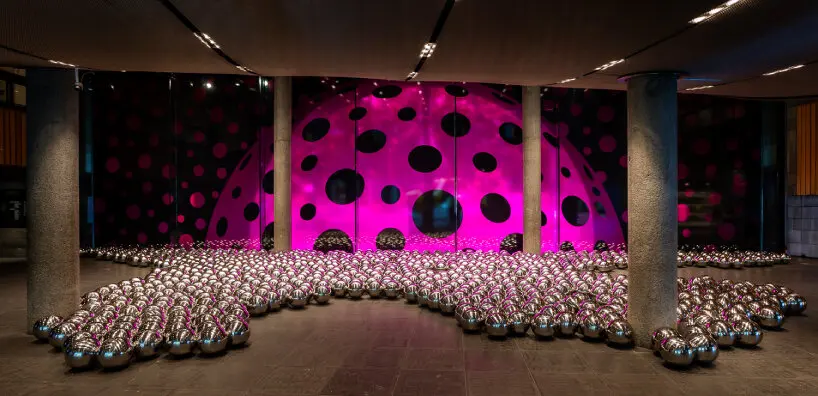 for Yayoi Kusama’s Narcissus Garden, 1966/2024, there are 1,400 reflective silver balls on the floor