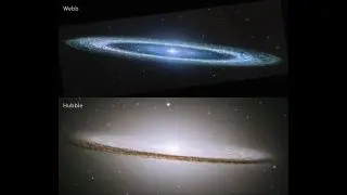 On the top, a detailed image of a long elliptical galaxy with a blue color. On the bottom, a less detailed image of the same galaxy with less color