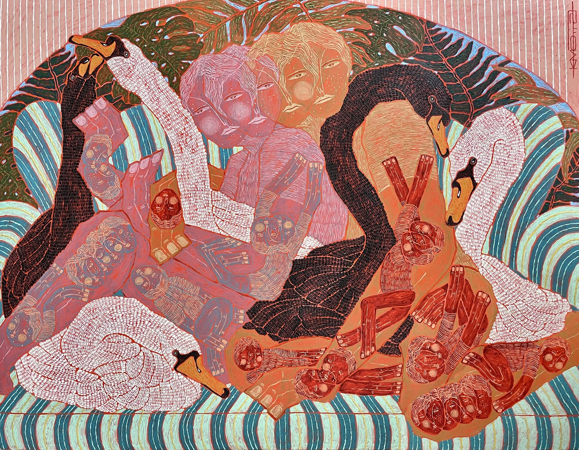 a vibrant work of people and swan sitting on a green striped couch in a mishmash of limbs. the color palette is largely orange, pink, and red