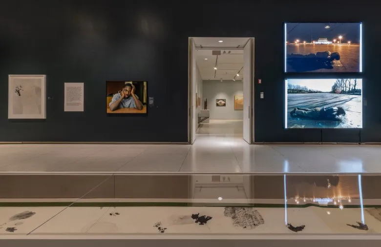 On the dark gallery wall are several large-scale photographic works beside a minimal white work. Another room is seen through an open doorway. In the foreground is a glass display case with black inky marks inside.