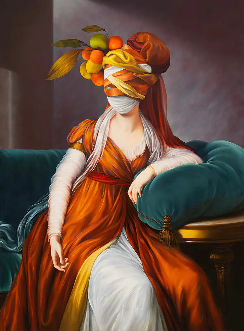 Ewa Juszkiewicz, Portrait in Venetian Red (after Élisabeth-Louise Vigée Le Brun), oil on canvas, 190 x 140 cm, 2024. Courtesy Ewa Juszkiewicz and Almine Rech | read here