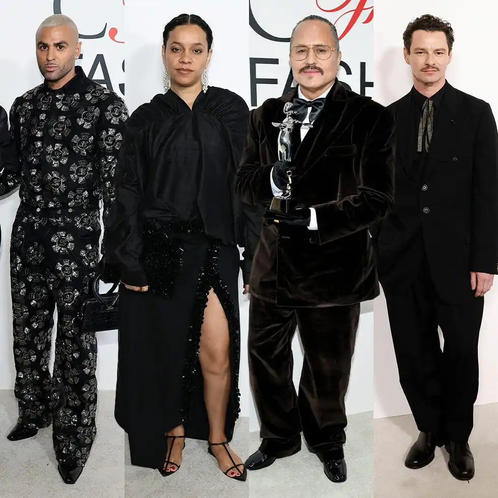 group of four people in stylish attire at an event