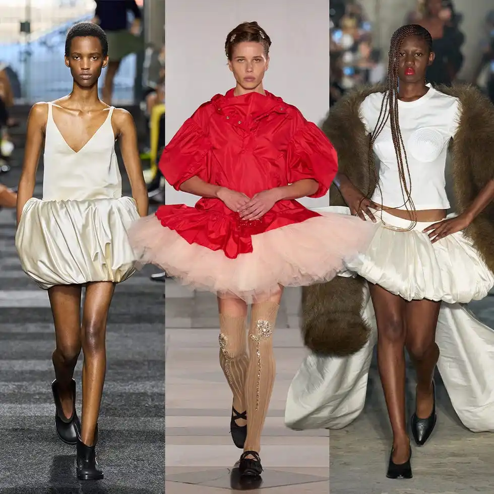 fashion runway featuring three distinct outfits