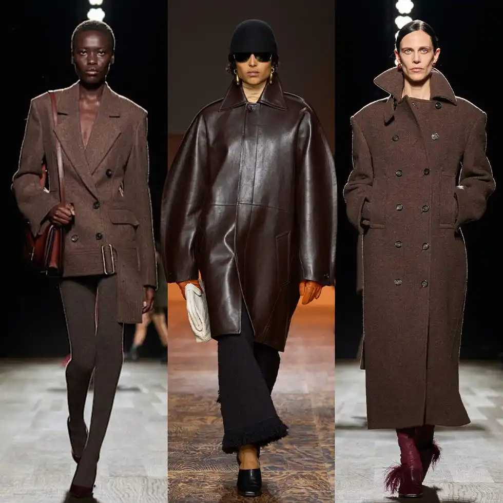 fashion models showcasing brown outerwear on a runway