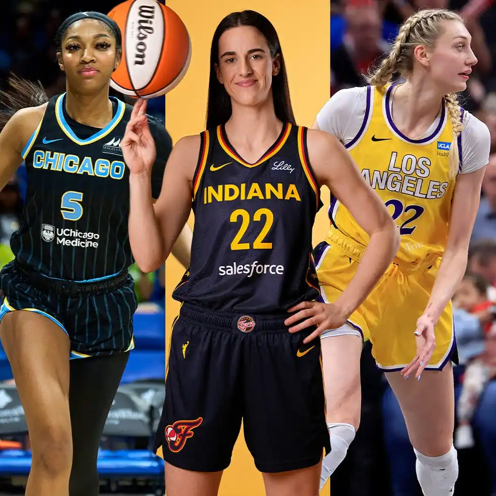 three female basketball players from different teams holding a basketball