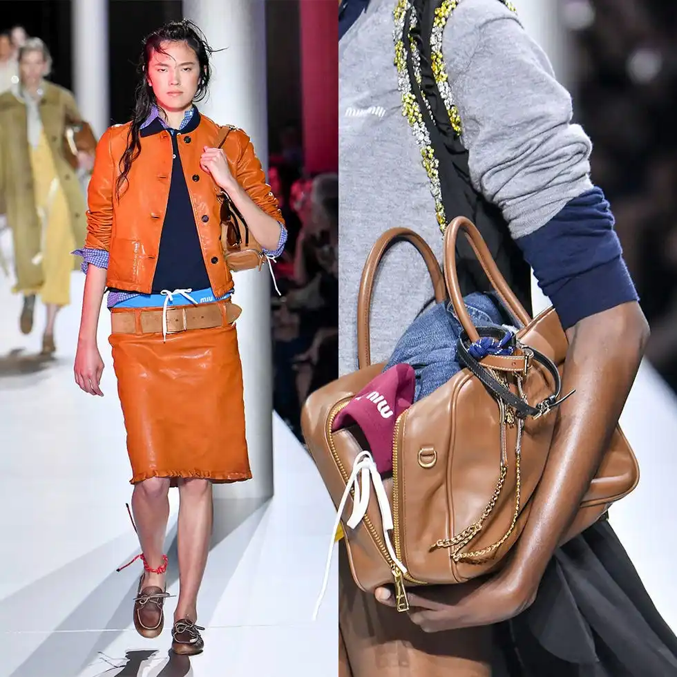 fashion runway showcasing a model in a vibrant orange leather outfit and a closeup of a stylish handbag