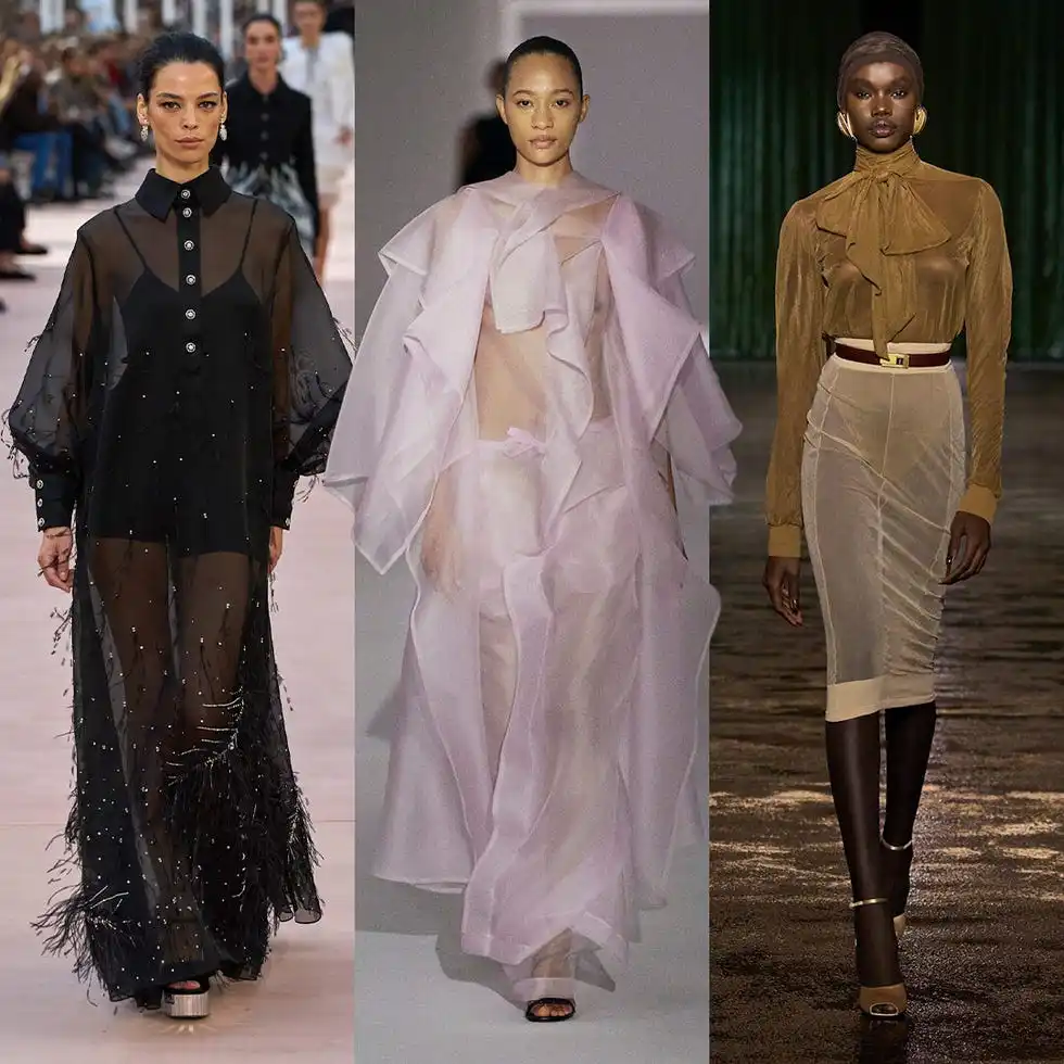 three models wearing different styles of sheer garments on a runway