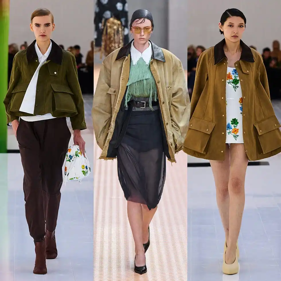 three models showcasing various fashion outfits on a runway