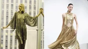 Matching gold and black flowing pants and top from Halston's RTW Fall 1979 collection; Model poses backstage for Rabanne spring 2025 runway show