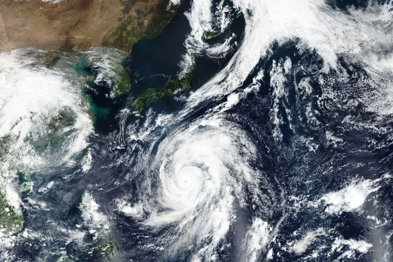 A satellite photo of typhoon Hagibis approaching Japan