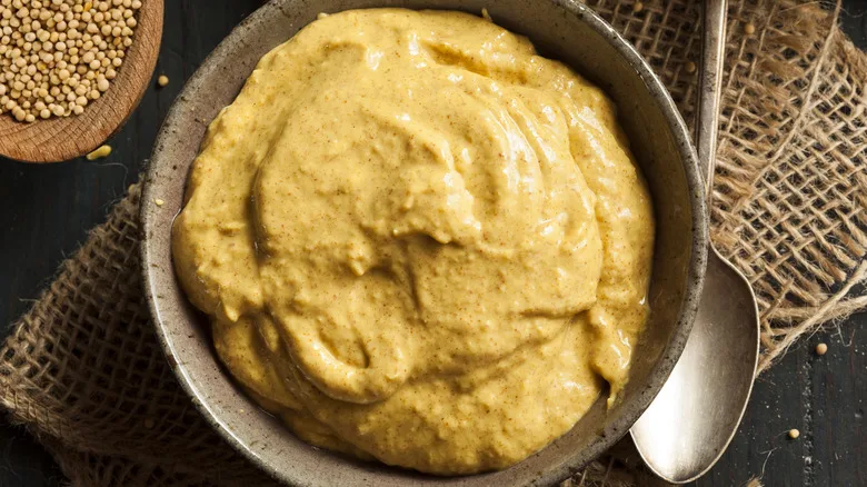 stoneware bowl of homemade spicy mustard